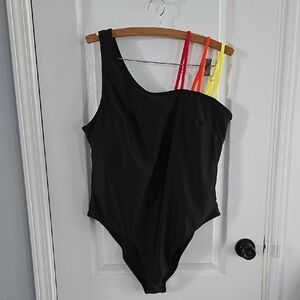 SHEIN Black One-Shoulder Swimsuit with Neon Straps